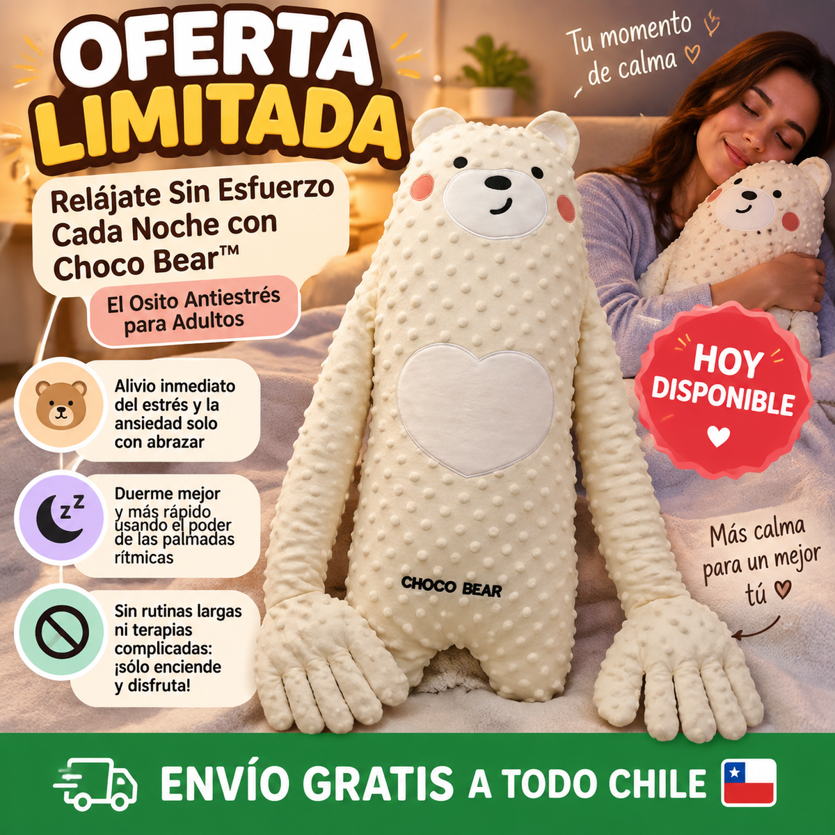 Relájate Sin Esfuerzo Cada Noche con Choco Bear™ – El Osito Antiestrés para todos