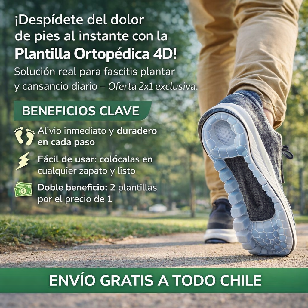 Plantilla Ortopédica 4D! Solución real para fascitis plantar y cansancio diario – Oferta 2x1 exclusiva.