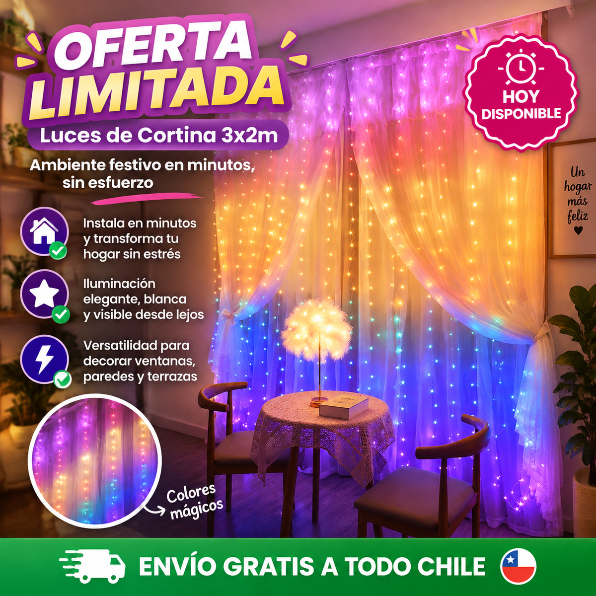 Luces de Cortina 3x2m: Ambiente festivo en minutos, sin esfuerzo