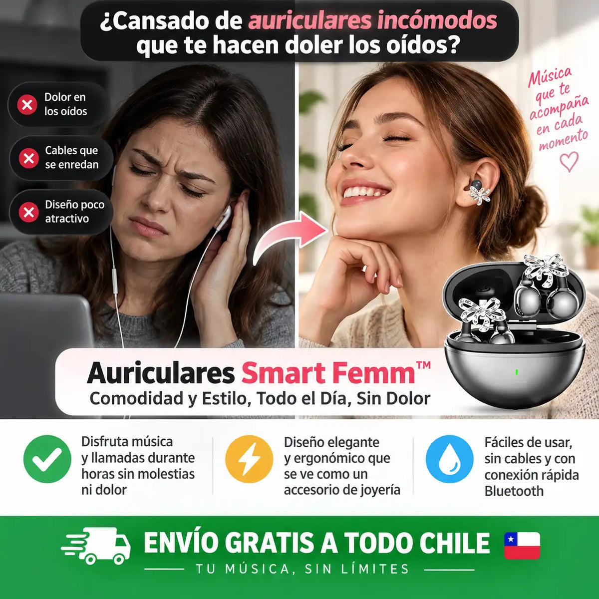 Auriculares Smart Femm™: Comodidad y Estilo, Todo el Día, Sin Dolor