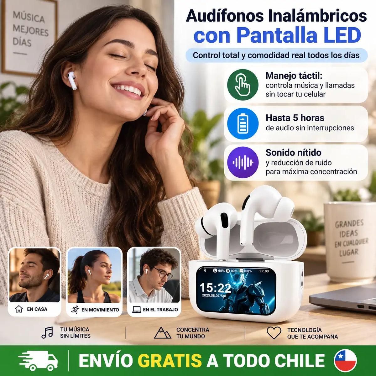 ✨ Audífonos Inalámbricos con Pantalla LED – Control total y comodidad real todos los días