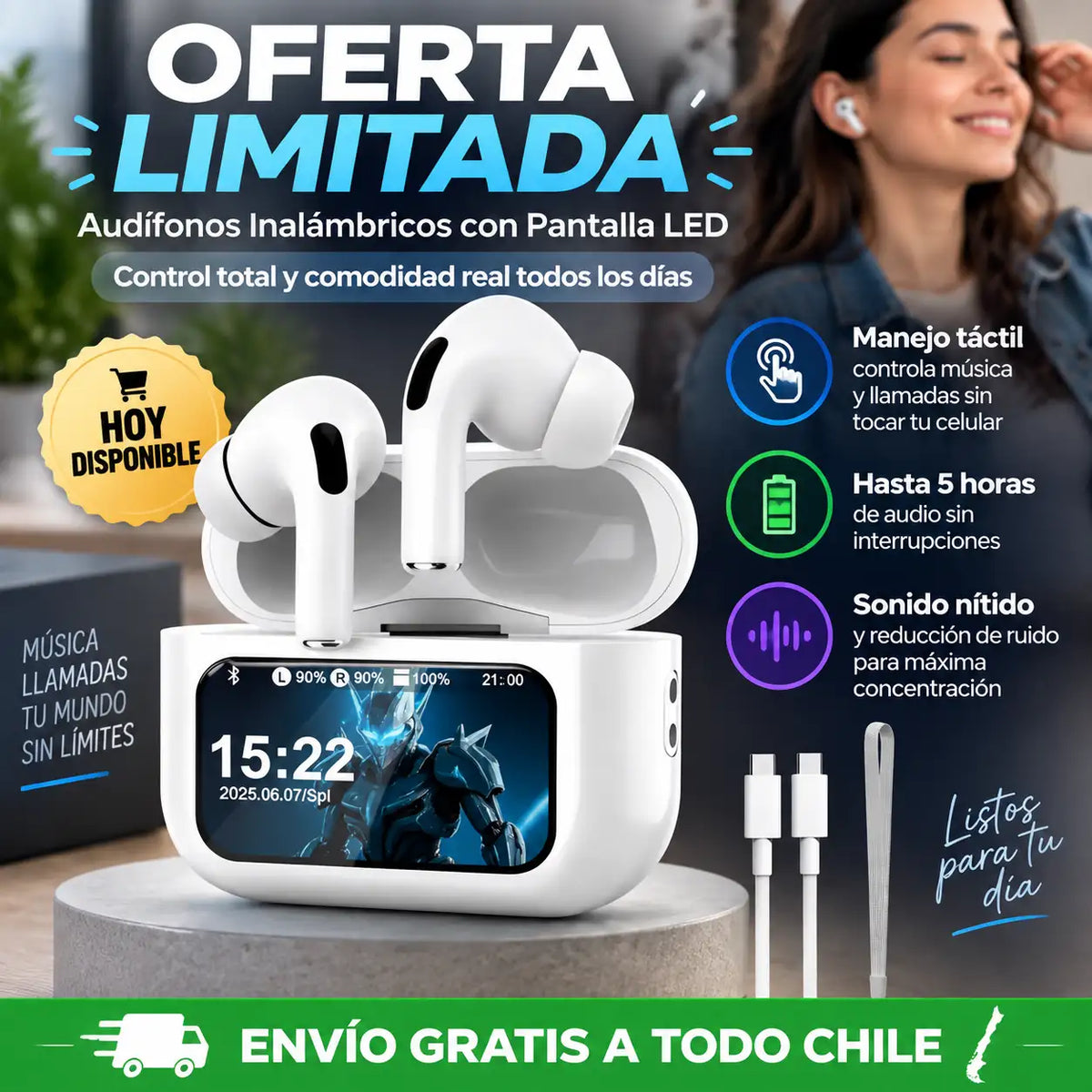 ✨ Audífonos Inalámbricos con Pantalla LED – Control total y comodidad real todos los días