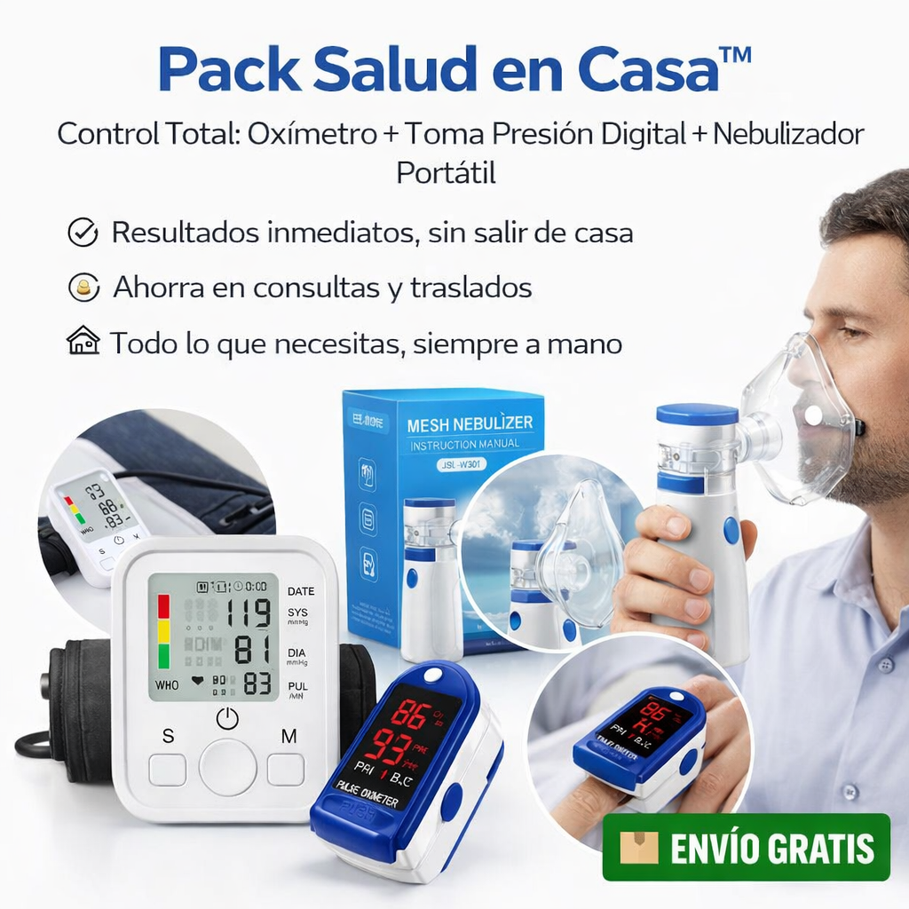 Pack Salud en Casa™ - Control Total: Oxímetro + Toma Presión Digital + Nebulizador Portátil