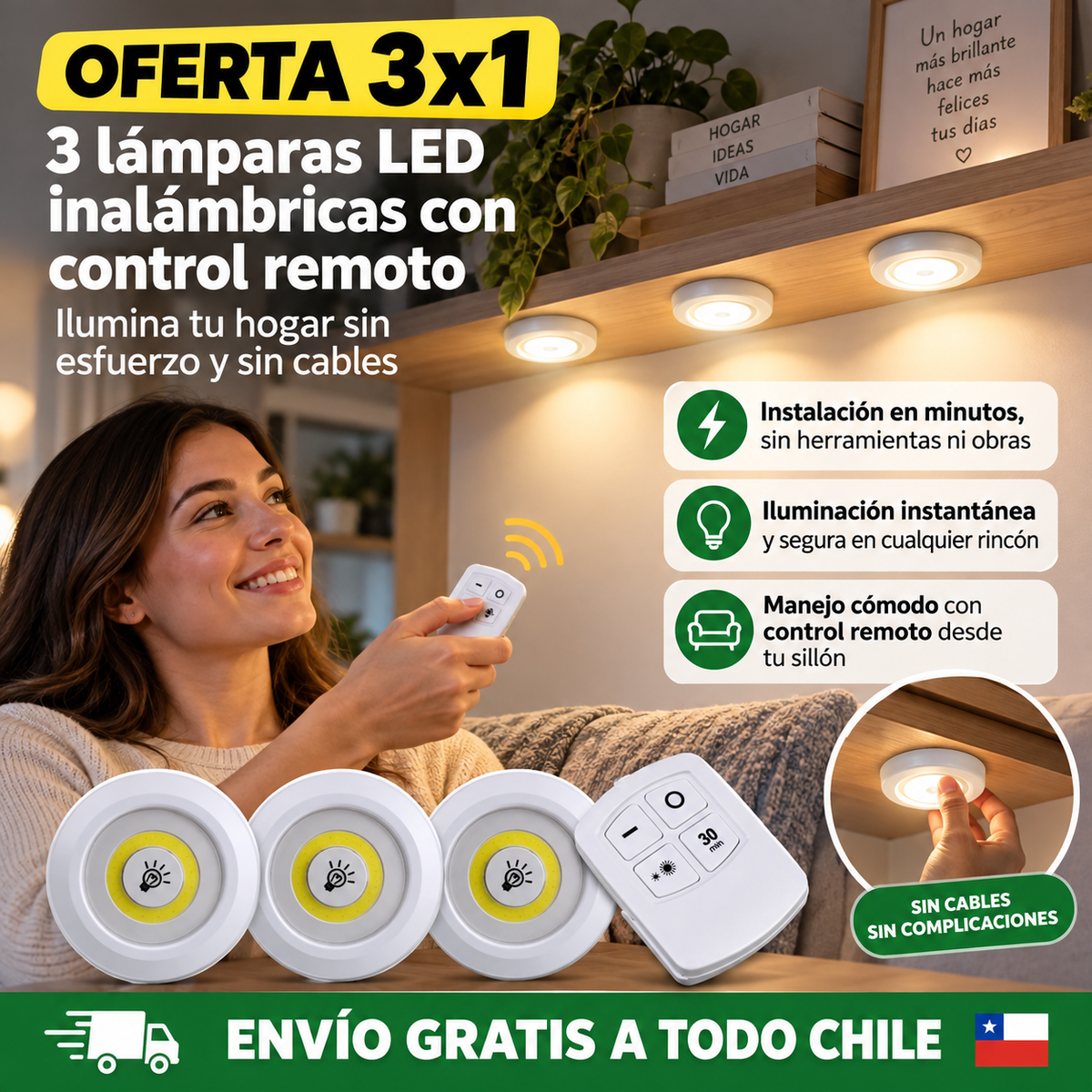 3 lámparas LED + Control Remoto