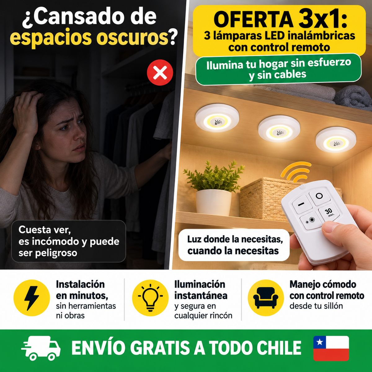 3 lámparas LED + Control Remoto