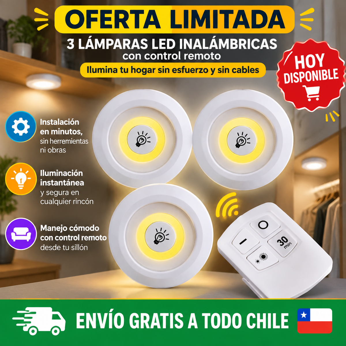 3 lámparas LED + Control Remoto