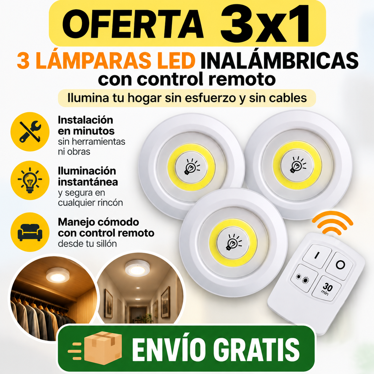 3 lámparas LED + Control Remoto