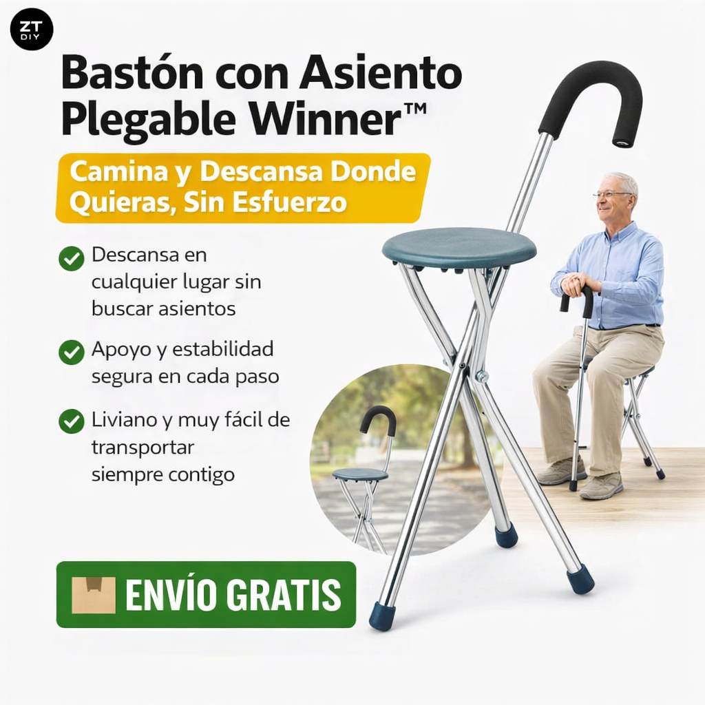 Bastón con Asiento Plegable Winner™ – Camina y Descansa Donde Quieras, Sin Esfuerzo
