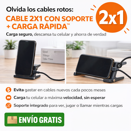 Olvida los cables rotos: CABLE 2X1 CON SOPORTE + CARGA RÁPIDA™
