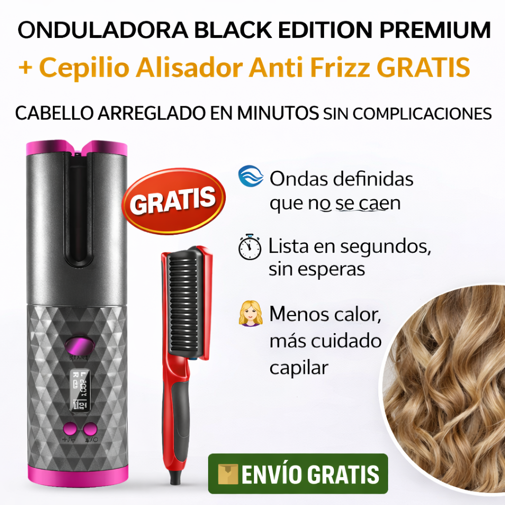 ONDULADORA BLACK EDITION PREMIUM + Cepillo Alisador Anti Frizz GRATIS