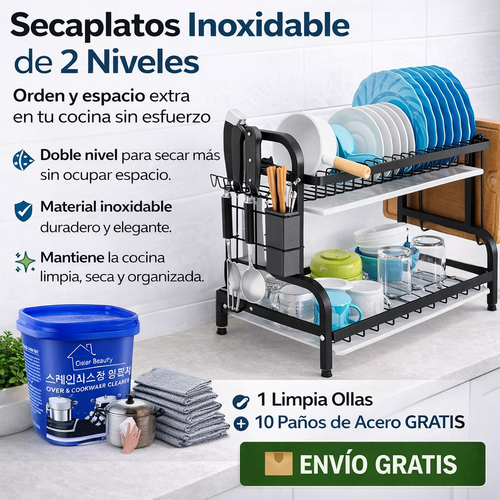 Secaplatos Inoxidable de 2 Niveles – Orden y espacio extra en tu cocina sin esfuerzo