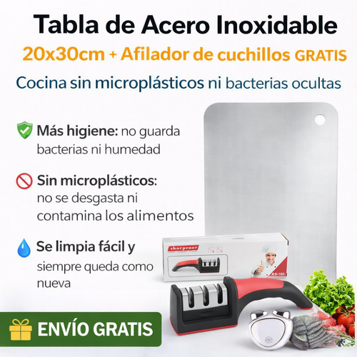 Tabla de Acero Inoxidable 20x30cm + Afilador de cuchillos GRATIS  – Cocina sin microplásticos ni bacterias ocultas
