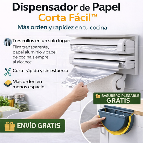 Dispensador de Papel Corta Fácil™ + Basurero plegable GRATIS -  Más orden y rapidez en tu cocina