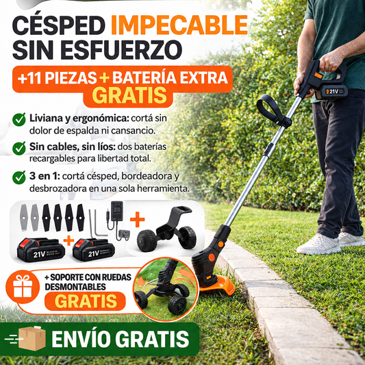 Cortadora de césped inalámbrica 3 en 1 + 11 piezas + 1 batería extra GRATIS + Ruedas desmontables GRATIS