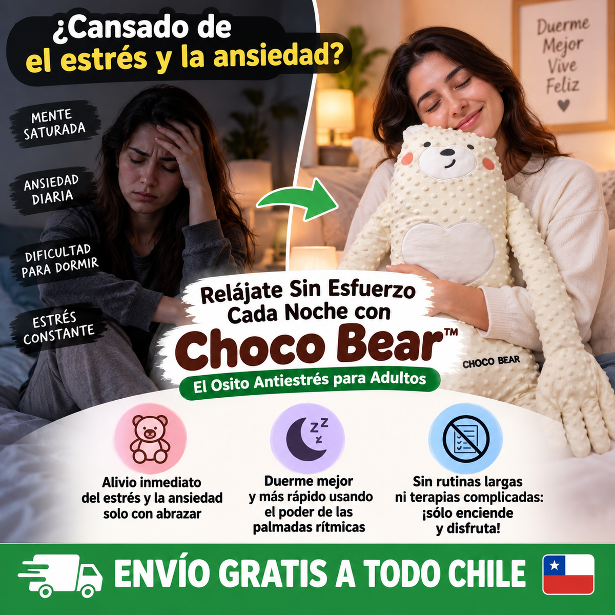 Relájate Sin Esfuerzo Cada Noche con Choco Bear™ – El Osito Antiestrés para todos