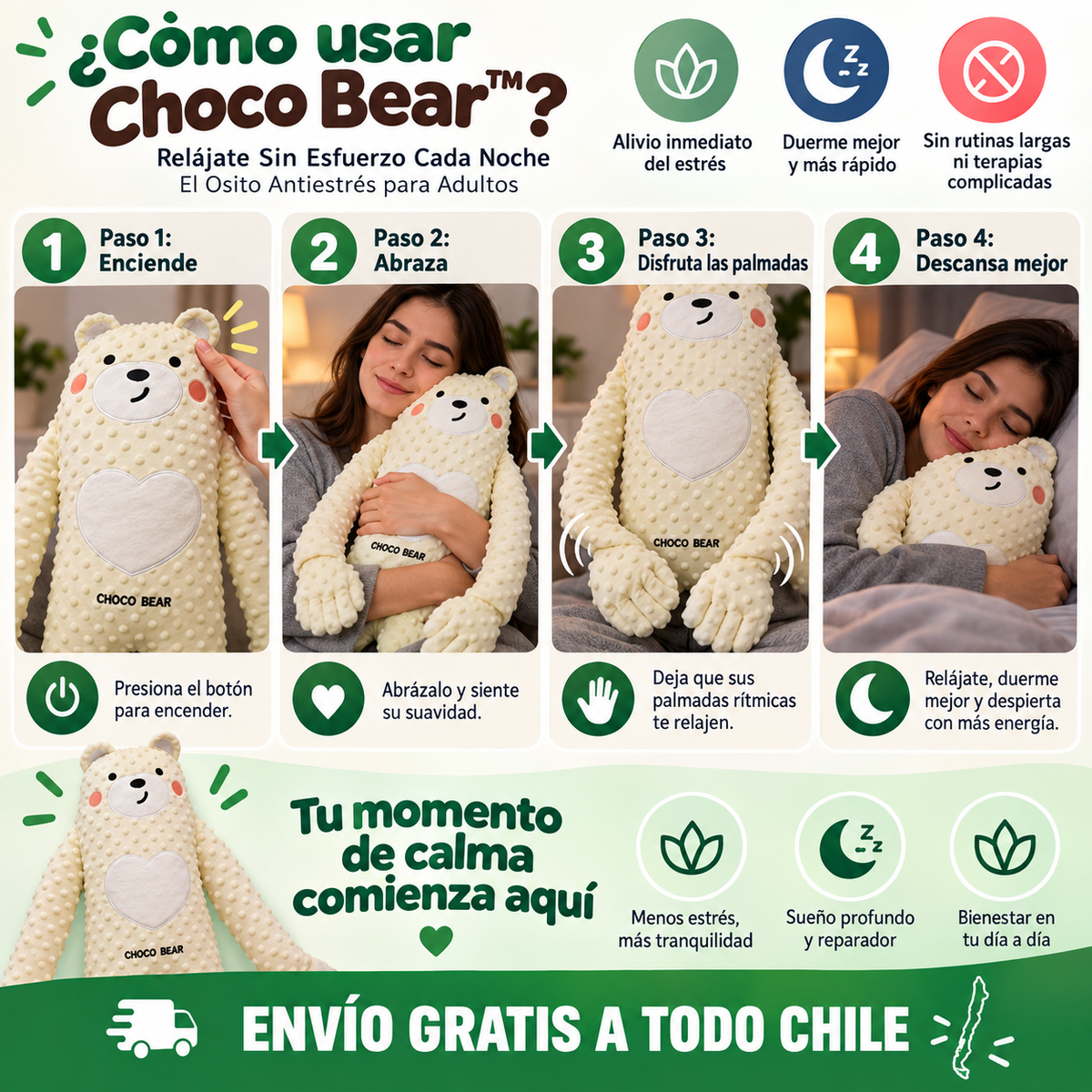 Relájate Sin Esfuerzo Cada Noche con Choco Bear™ – El Osito Antiestrés para todos