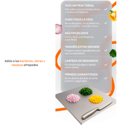 Tabla de Acero Inoxidable 20x30cm + Afilador de cuchillos GRATIS  – Cocina sin microplásticos ni bacterias ocultas