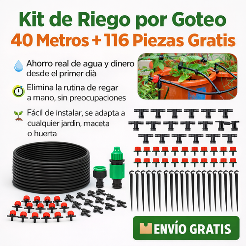 Kit de Riego Automático 40M + 116 Accesorios ¡Con Boquillas GRATIS!