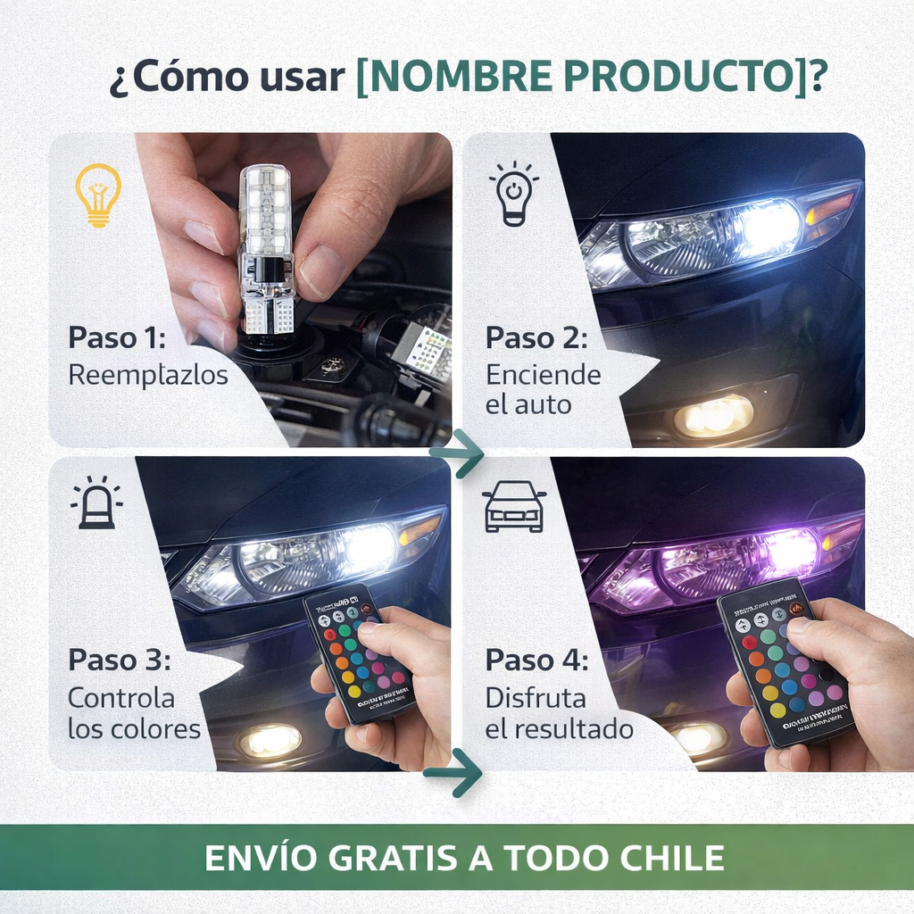 Ampolleta LED T10 RGB para automóvil con control remoto (oferta 3x1)