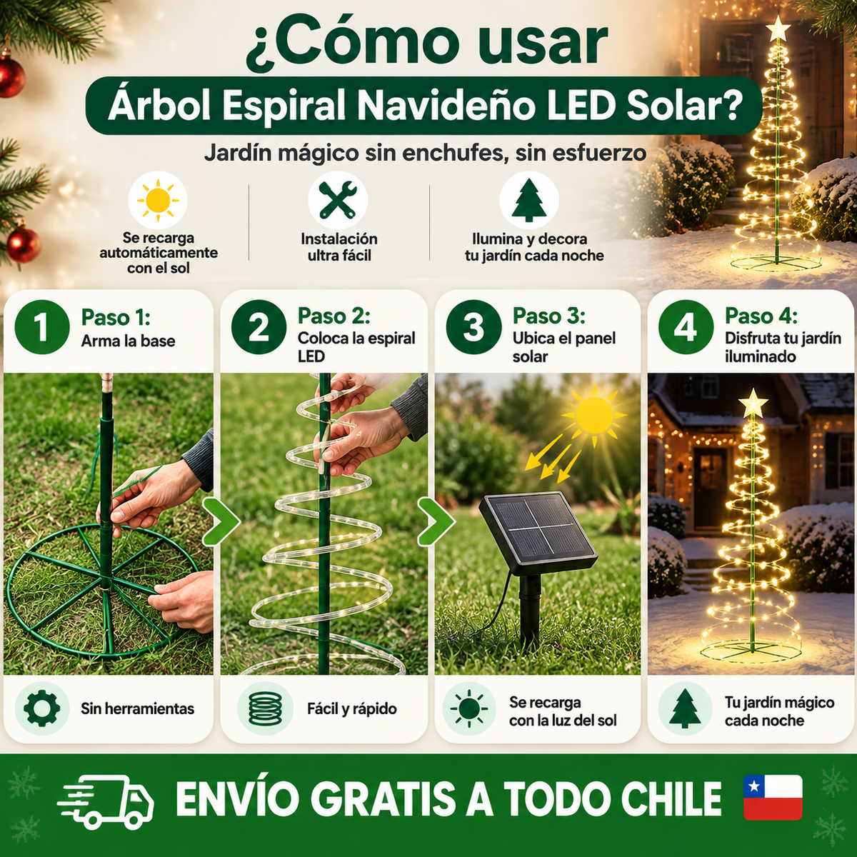 Árbol Espiral Navideño LED Solar – Jardín mágico sin enchufes, sin esfuerzo