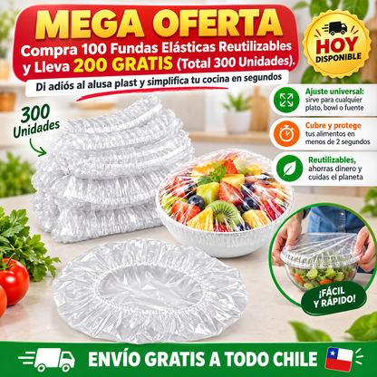 Compra 100 Fundas Elásticas Reutilizables y Lleva 200 GRATIS (Total 300 Unidades). Di adiós al alusa plast y simplifica tu cocina en segundos