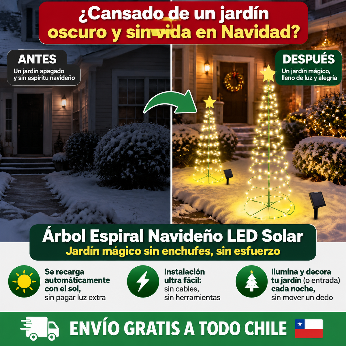 Árbol Espiral Navideño LED Solar – Jardín mágico sin enchufes, sin esfuerzo