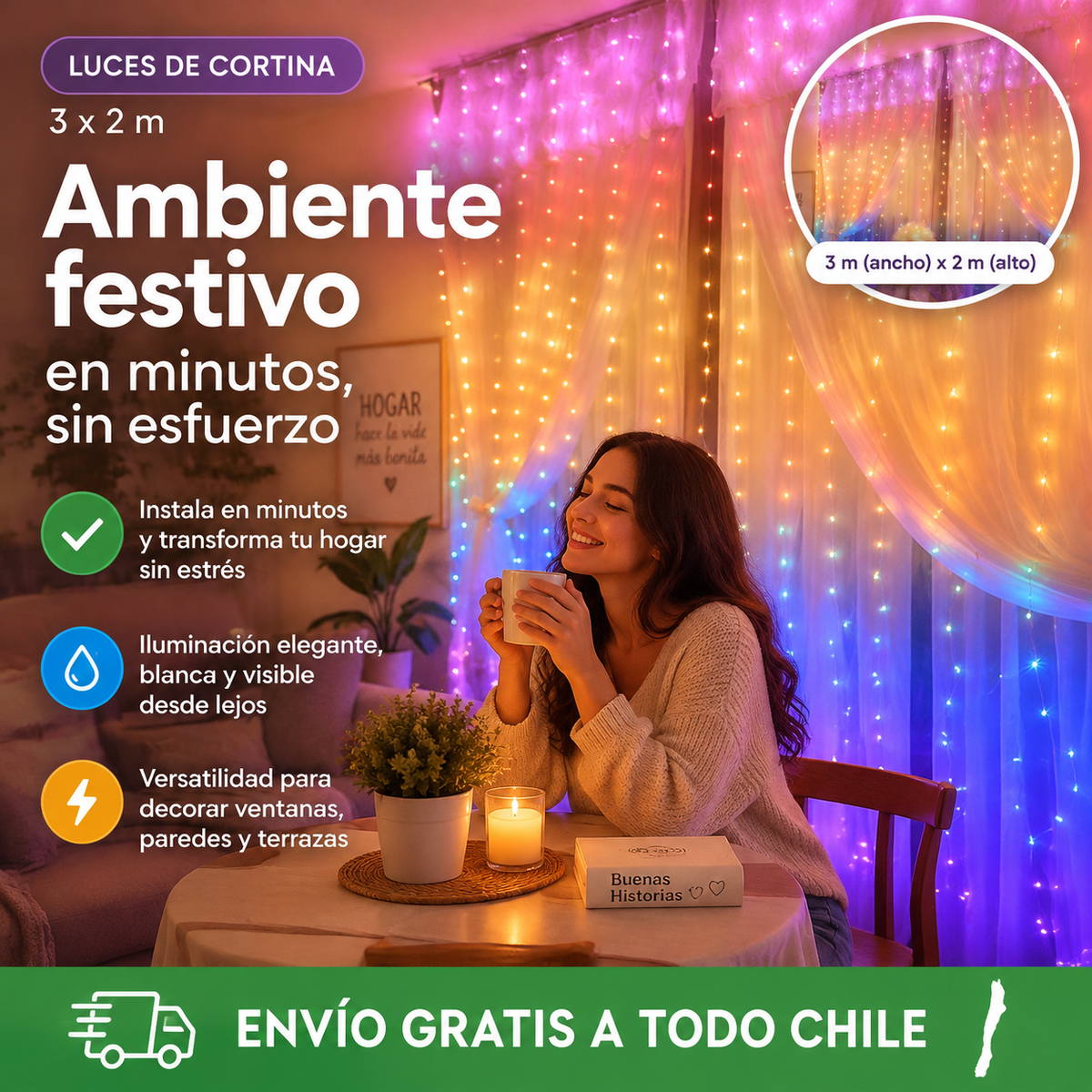 Luces de Cortina 3x2m: Ambiente festivo en minutos, sin esfuerzo