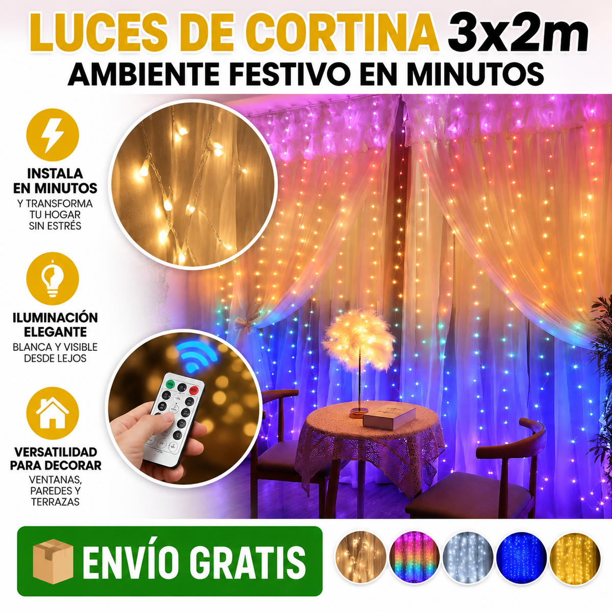Luces de Cortina 3x2m: Ambiente festivo en minutos, sin esfuerzo
