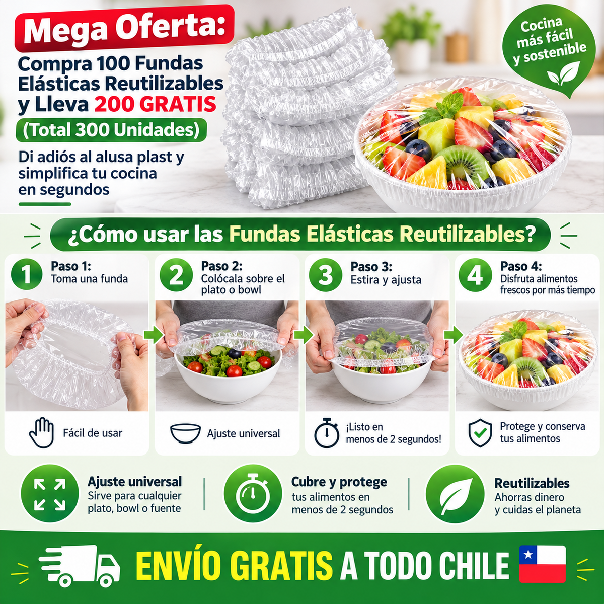 Compra 100 Fundas Elásticas Reutilizables y Lleva 200 GRATIS (Total 300 Unidades). Di adiós al alusa plast y simplifica tu cocina en segundos