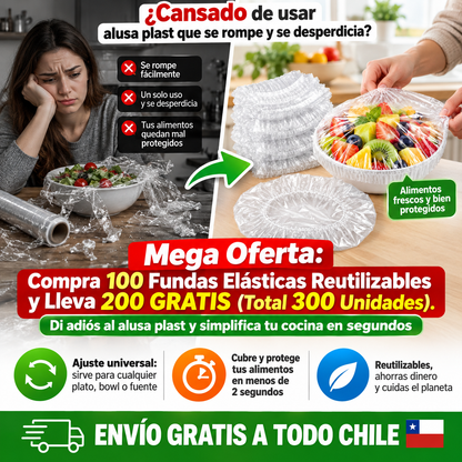 Compra 100 Fundas Elásticas Reutilizables y Lleva 200 GRATIS (Total 300 Unidades). Di adiós al alusa plast y simplifica tu cocina en segundos