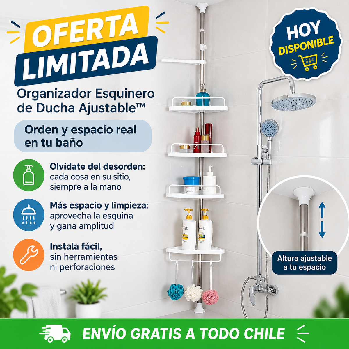 Orden y espacio real con el Organizador Esquinero de Ducha Ajustable™