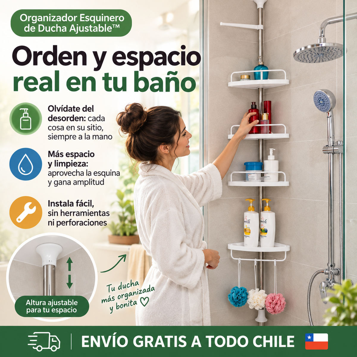 Orden y espacio real con el Organizador Esquinero de Ducha Ajustable™