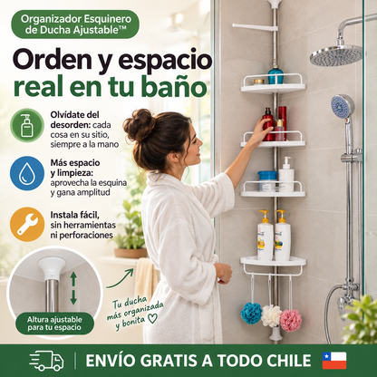 Orden y espacio real con el Organizador Esquinero de Ducha Ajustable™