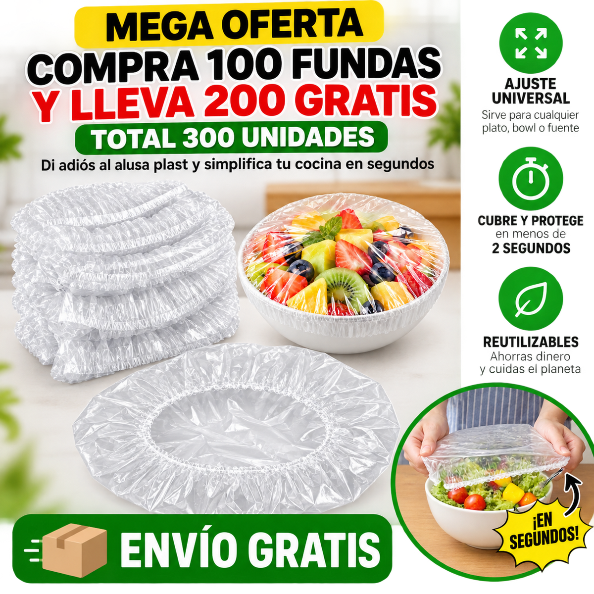 Compra 100 Fundas Elásticas Reutilizables y Lleva 200 GRATIS (Total 300 Unidades). Di adiós al alusa plast y simplifica tu cocina en segundos