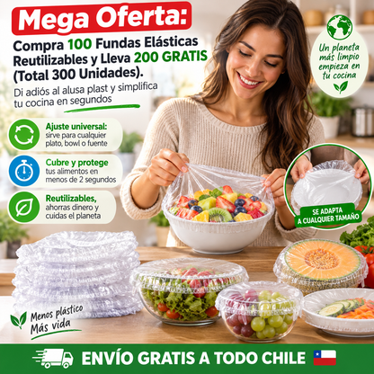 Compra 100 Fundas Elásticas Reutilizables y Lleva 200 GRATIS (Total 300 Unidades). Di adiós al alusa plast y simplifica tu cocina en segundos