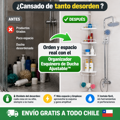 Orden y espacio real con el Organizador Esquinero de Ducha Ajustable™