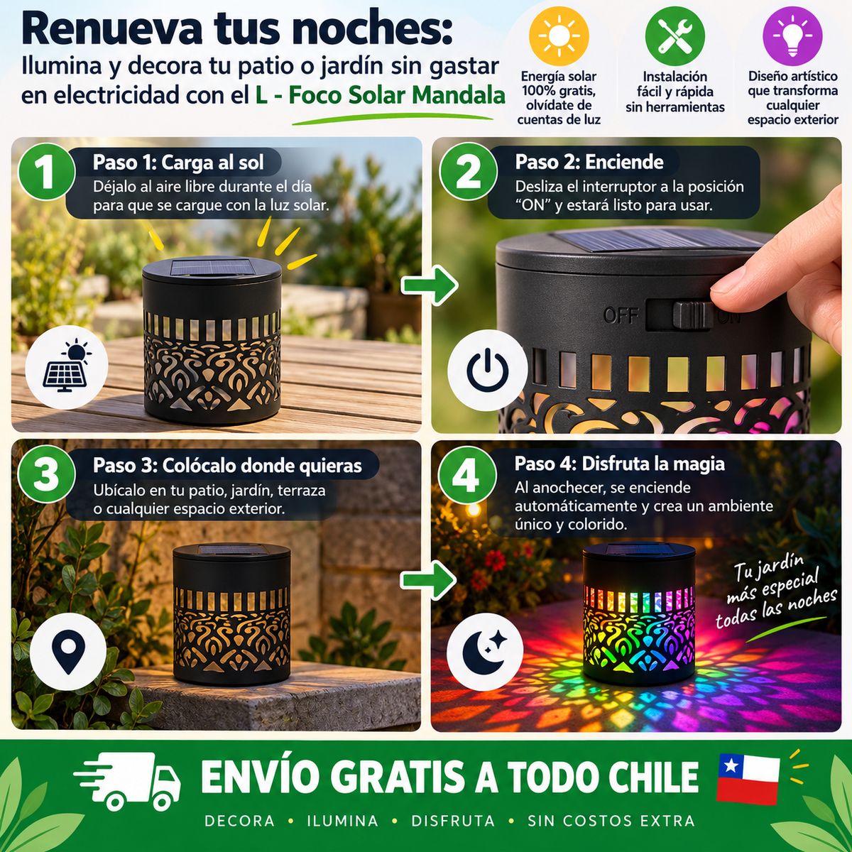 FOCO SOLAR MANDALA - Ilumina y decora tu patio o jardín sin gastar en electricidad