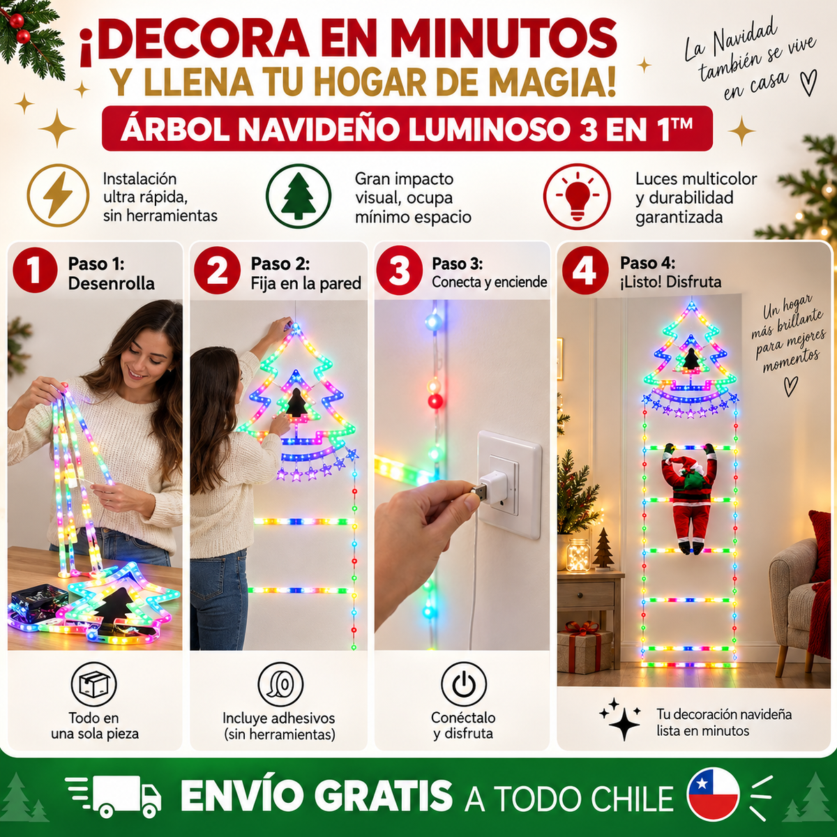 ¡DECORA EN MINUTOS Y LLENA TU HOGAR DE MAGIA! ÁRBOL NAVIDEÑO LUMINOSO 3 EN 1™