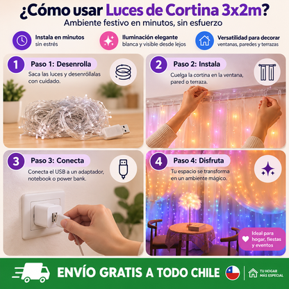 Luces de Cortina 3x2m: Ambiente festivo en minutos, sin esfuerzo