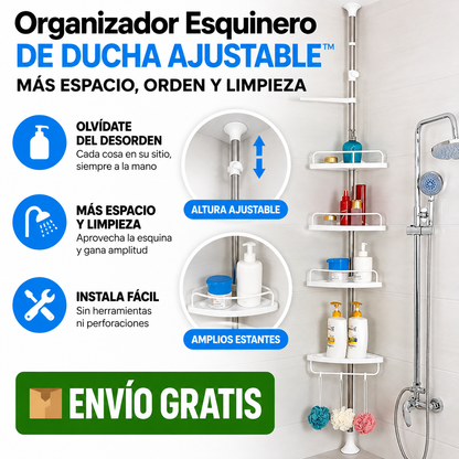 Orden y espacio real con el Organizador Esquinero de Ducha Ajustable™