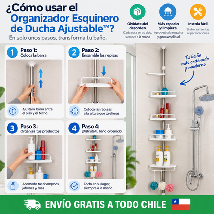 Orden y espacio real con el Organizador Esquinero de Ducha Ajustable™
