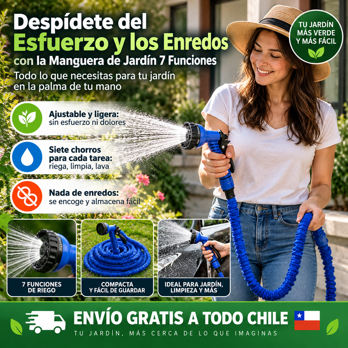 Despídete del Esfuerzo y los Enredos con la Manguera de Jardín 7 Funciones – Todo lo que necesitas para tu jardín en la palma de tu mano