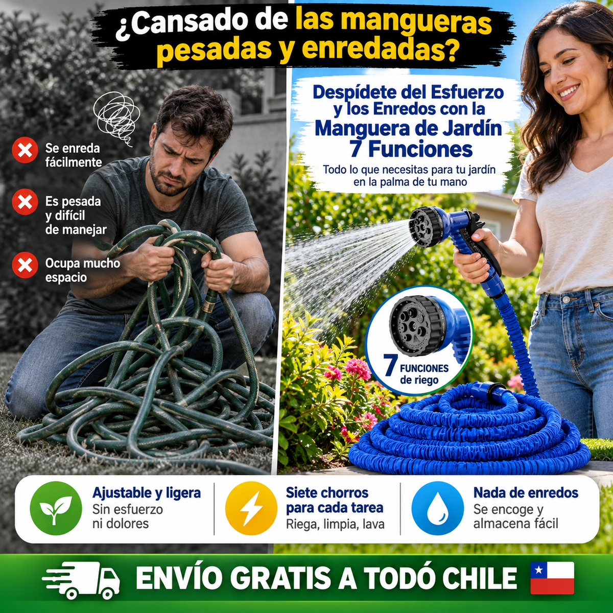 Despídete del Esfuerzo y los Enredos con la Manguera de Jardín 7 Funciones – Todo lo que necesitas para tu jardín en la palma de tu mano