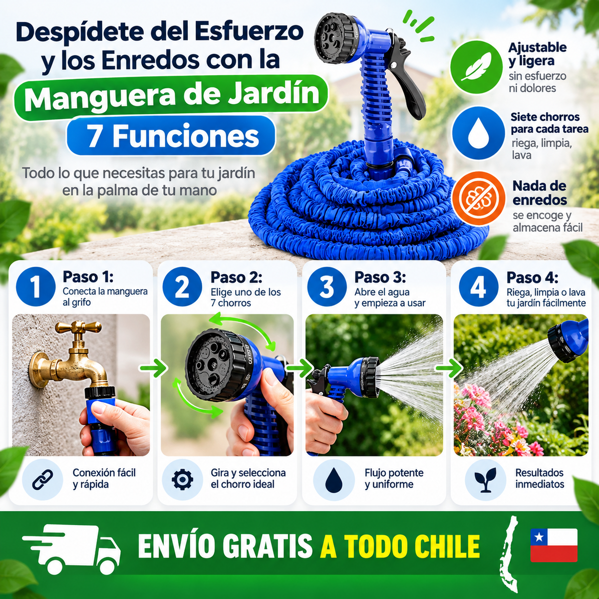 Despídete del Esfuerzo y los Enredos con la Manguera de Jardín 7 Funciones – Todo lo que necesitas para tu jardín en la palma de tu mano