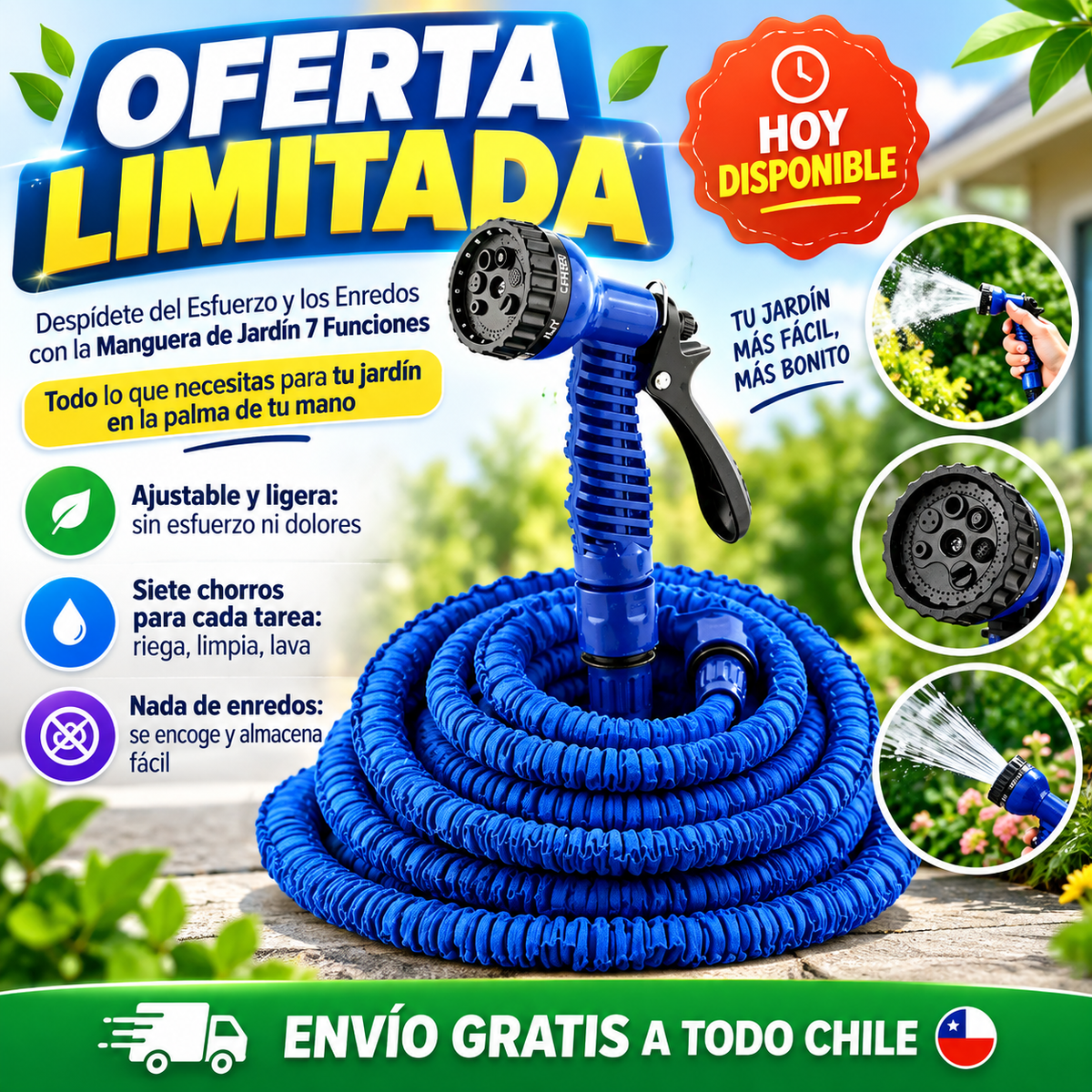 Despídete del Esfuerzo y los Enredos con la Manguera de Jardín 7 Funciones – Todo lo que necesitas para tu jardín en la palma de tu mano