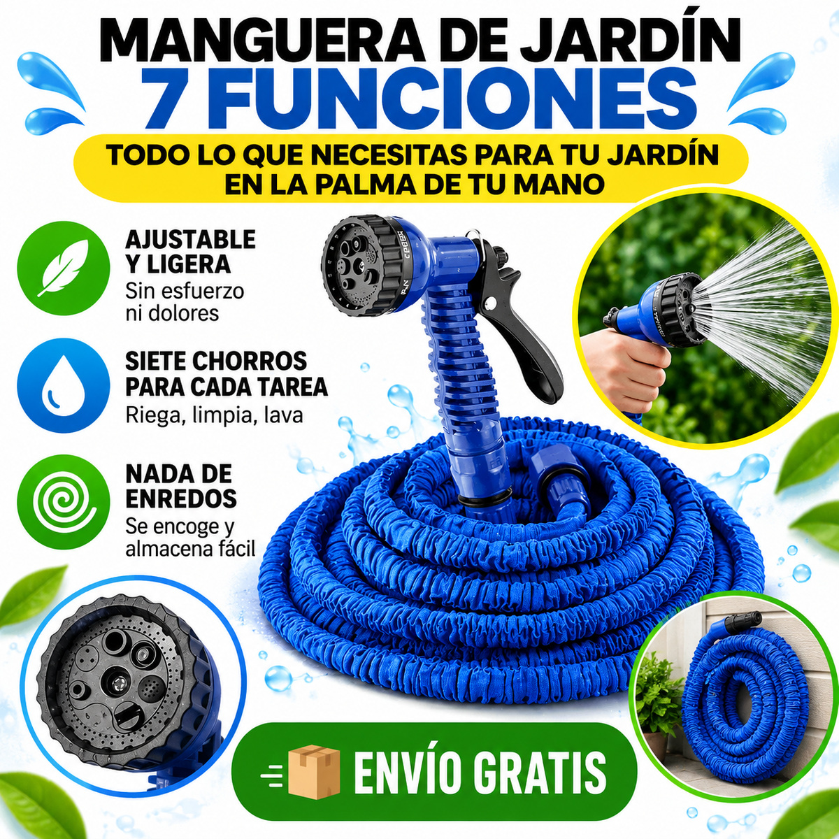 Despídete del Esfuerzo y los Enredos con la Manguera de Jardín 7 Funciones – Todo lo que necesitas para tu jardín en la palma de tu mano